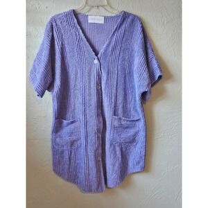 HERBCRAFT Purple Terry Cloth Button Front‎ Short Sleeve Duster Cardigan Pockets